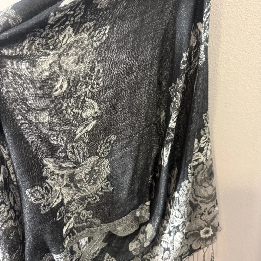 Abercrombie & Fitch Floral Black and Gray Shawl with Fringe - Picture 3 of 4